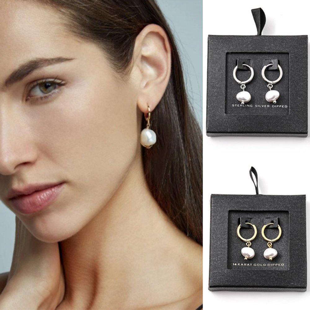 NIB Freshwater Pearl Drop Huggie Hoop Earrings (14k Gold/925 Sliver)